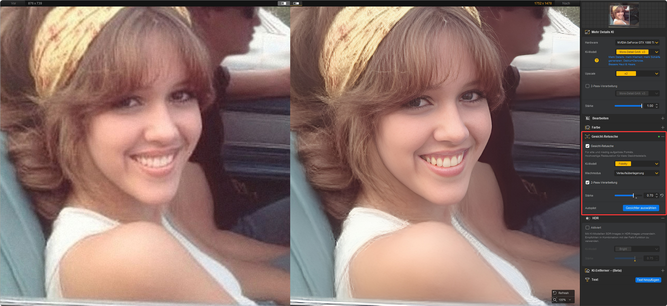 Altes Porträtfoto einer lächelnden jungen Frau vor und nach der KI-Gesichtsrestaurierung