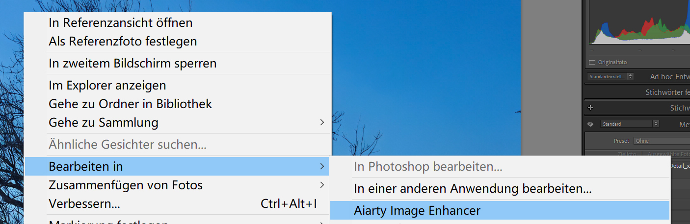 Kontextmenü in Lightroom Classic mit der Option Bearbeiten in Aiarty Image Enhancer